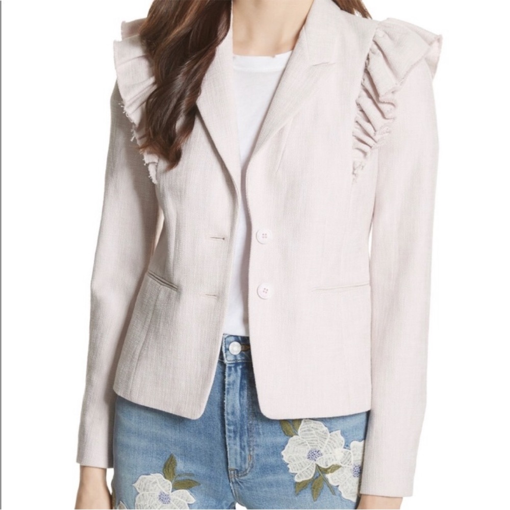 REBECCA TAYLOR Slub Suiting Ruffle-Shoulder Blazer Jacket In Blush Pink 6